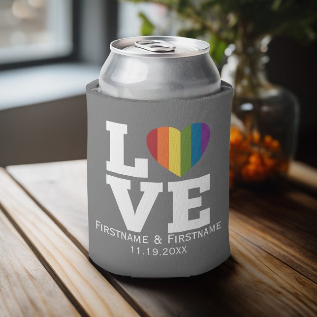 Love with Rainbow Heart Wedding Names Dates Can Cooler (Personalized Can Cooler - add Your Name or Other Custom Text)