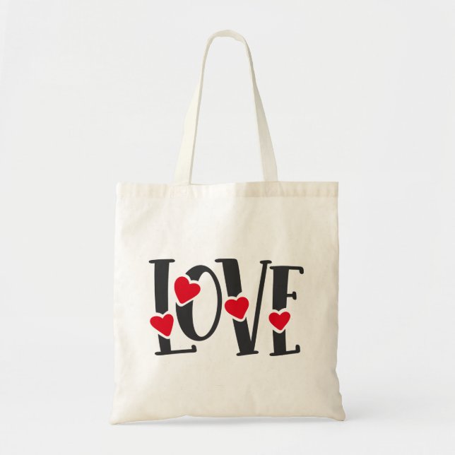 Love Word Art Hearts Red Black Valentine's Tote Bag (Front)