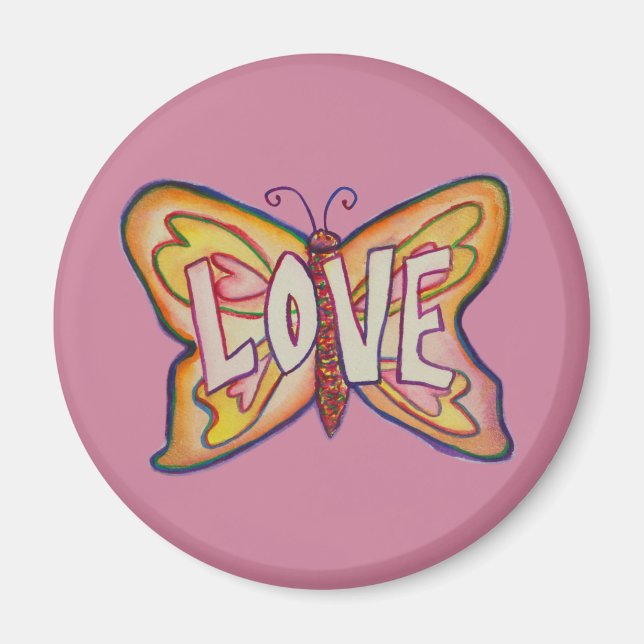 Love Word Art Pink Butterfly Custom Fridge Magnet (Front)