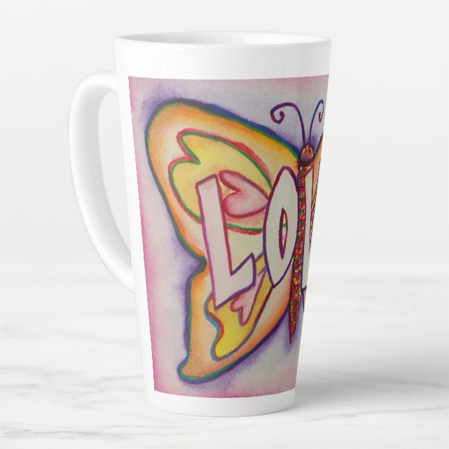 Love Word Art Pink Butterfly Wing Cup Latte Mug (Left Angle)