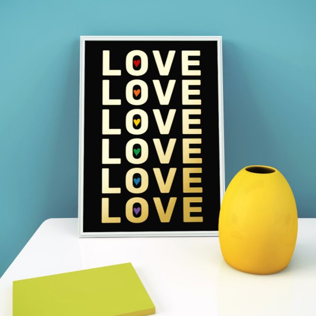 "LOVE" word, hearts in rainbow colours black gold Foil Prints (Creator Uploaded)