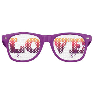 Love word in trendy ombre violet, pink, yellow. retro sunglasses