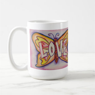 Love Word Pink Butterfly Art Coffee Cup or Mug
