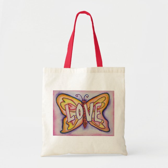 Love Word Pink Butterfly Art Custom Tote Bags (Front)