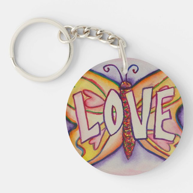Love Word Pink Butterfly Keychain Art Pendant (Front)