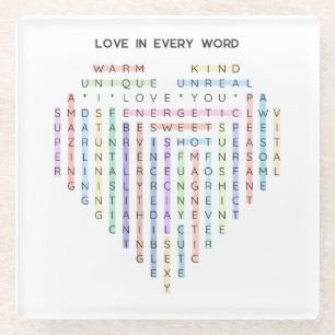 Love Word Quest - Heart Puzzle - I Love You Glass Coaster