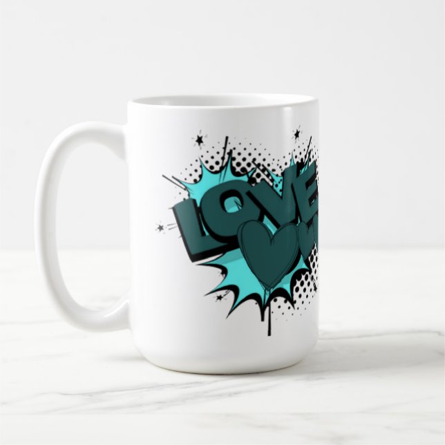 Love word with hearts in a green colour coffee mug (Left)