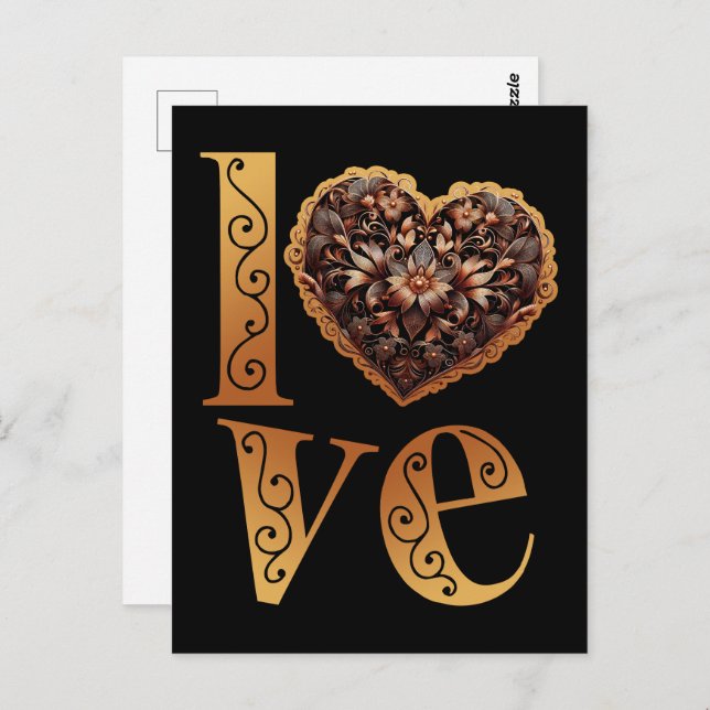 Love word with romantic filigree pink heart postcard (Front/Back)