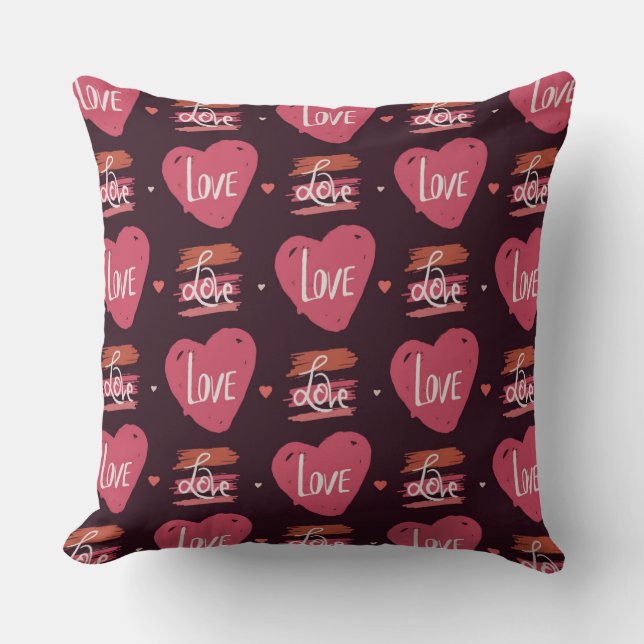 Love Words and Hearts Pattern on Red Background Cushion (Front)