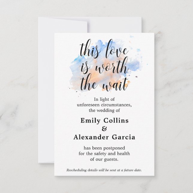 Love Worth The Wait | Wedding Event Postponed Card (Front)
