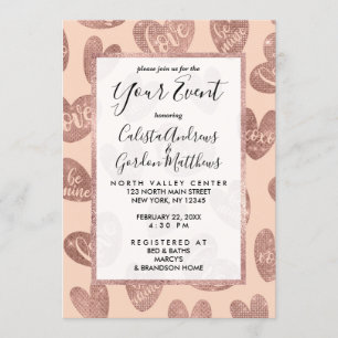 Love XOXO Be Mine Rose Gold Pink Glitter Hearts Invitation