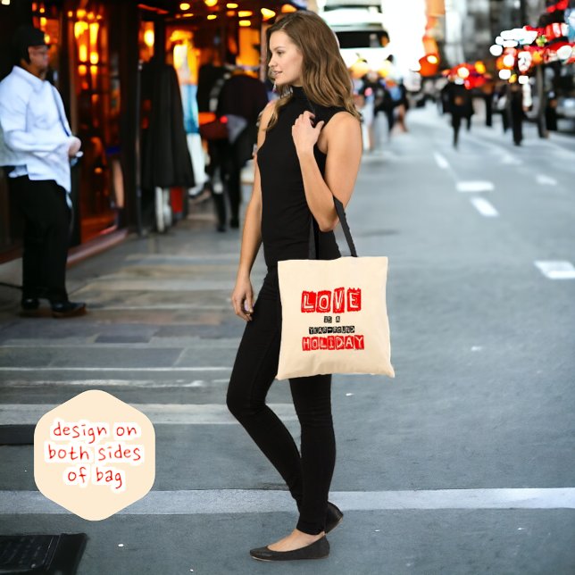 Love Year-Round Holiday Red Black Typography Quote Tote Bag (A fun reusable, double sided design tote. )
