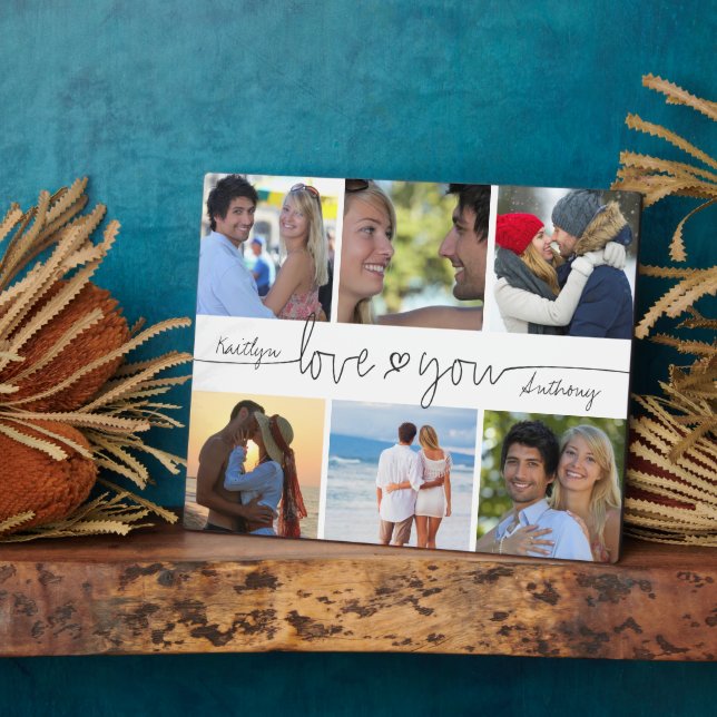 LOVE YOU 6 Photo Collage Handwritten Heart Plaque (Side)