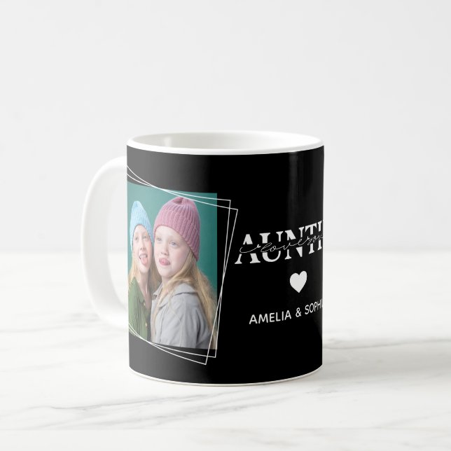 Love You Auntie Two Photo Names Handwritten Text Coffee Mug (Front Left)