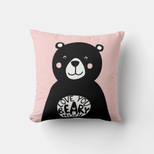 Love you Beary Much Black Bear Lettering Pink Cushion