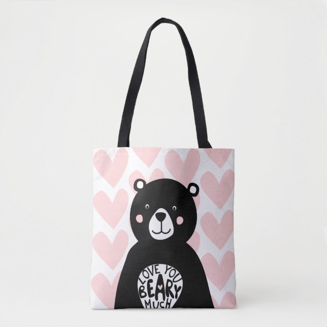 Love you Beary Much Hear Bear Pink Black Girly Tote Bag (Front)