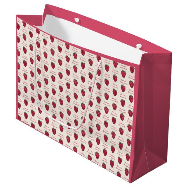 Love You Berry Much Raspberry Pattern Pink Large Gift Bag (Front Angled)