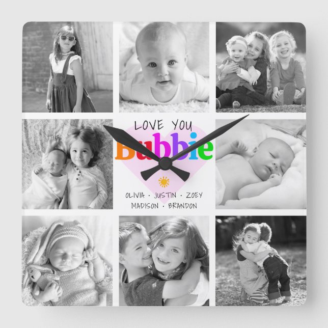 Love You Bubbie Colourful Modern 8 Photo Collage Square Wall Clock (Front)
