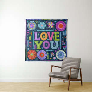 Love You, colorful vintage design, Tapestry