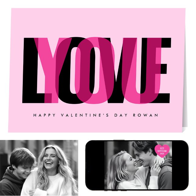 Love You Custom 2 Photo Happy Valentine's Day Pink Card (Creator Uploaded)