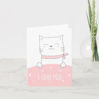 Love You Cute Cat Pink Heart Love Greeting Card