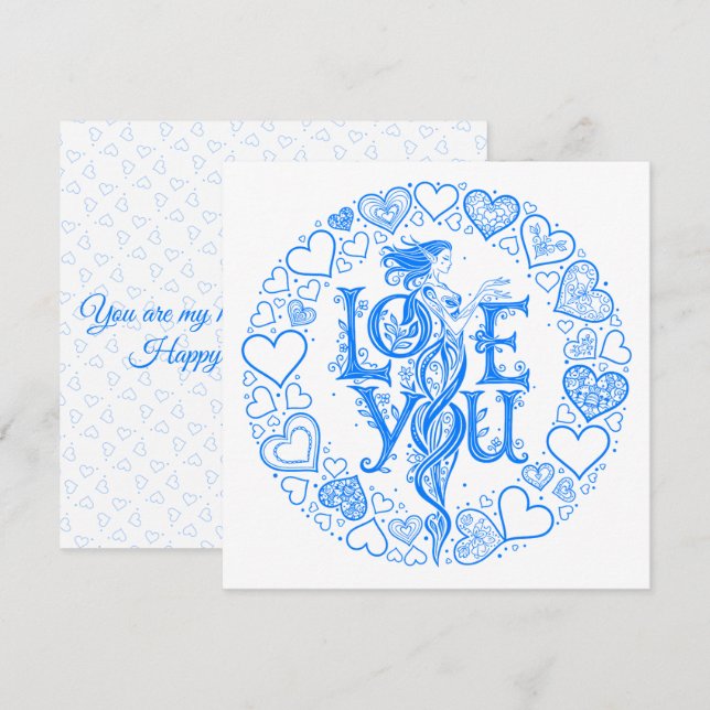 Love You Fantasy Valentine gift Blue Line Art  Holiday Card (Front/Back)