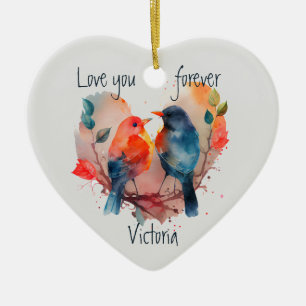 Love You Forever Lovebirds Custom Name Date Ceramic Ornament