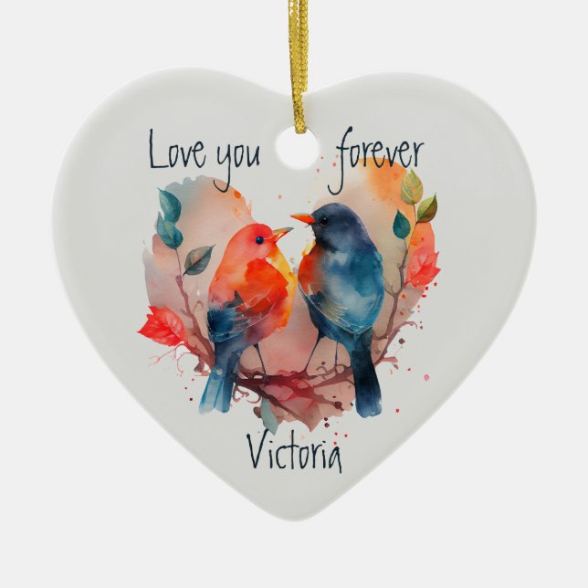Love You Forever Lovebirds Custom Name Date Ceramic Ornament (Front)
