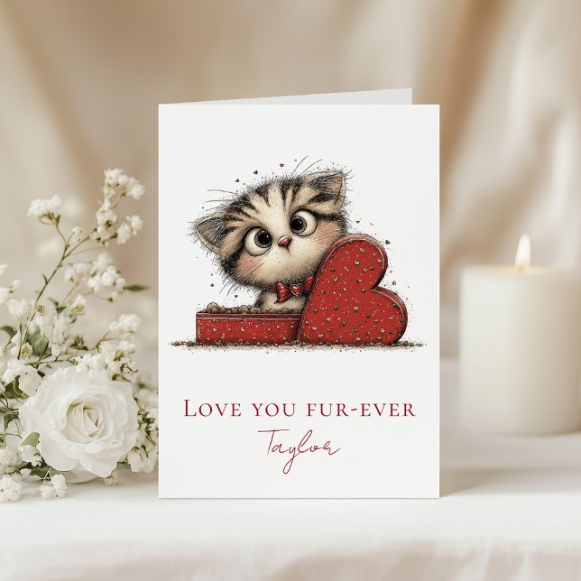Love You Fur-Ever Funny Cat Valentine Folded Card (Love You Fur-Ever Funny Cat Valentine Folded Card on a table with white flowers)