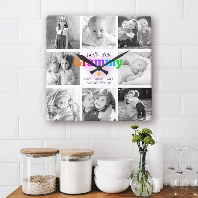 Love You Grammy Colourful Modern 8 Photo Collage Square Wall Clock (Creator Uploaded)