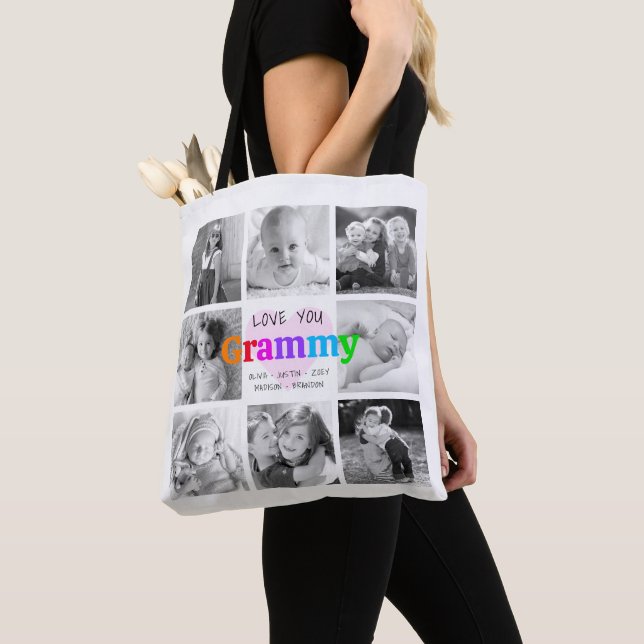 Love You Grammy Colourful Modern 8 Photo Collage Tote Bag (Close Up)