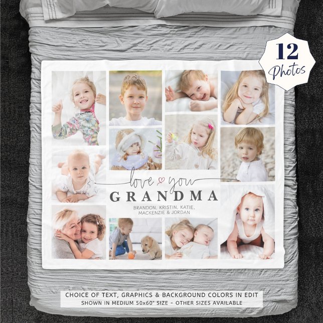 Love You Grandma 12 Photo Collage Heart White Grey Fleece Blanket (Creator Uploaded)