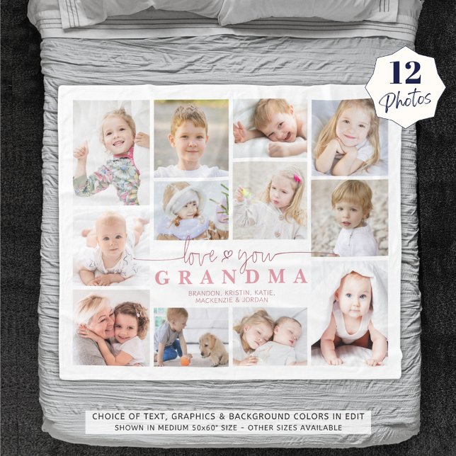 Love You Grandma 12 Photo Collage Heart White Pink Fleece Blanket (Creator Uploaded)