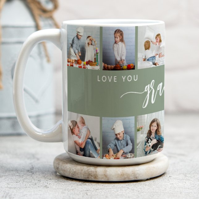 Love You Grandma 12 Photo Collage Sage Green Coffee Mug (Creator Uploaded)