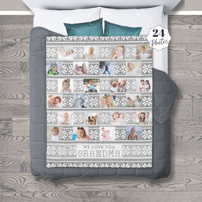 Love You Grandma 24 Photo Collage Snowflake Grey Fleece Blanket (Creator Uploaded)