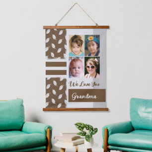 Love you Grandma 4 photo leaf pattern brown Hanging Tapestry