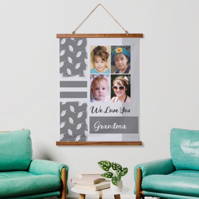 Love you Grandma 4 photo leaf pattern grey Hanging Tapestry (Living Room)