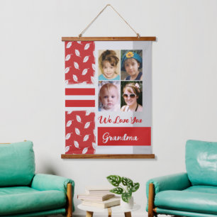 Love you Grandma 4 photo leaf pattern red Hanging Tapestry