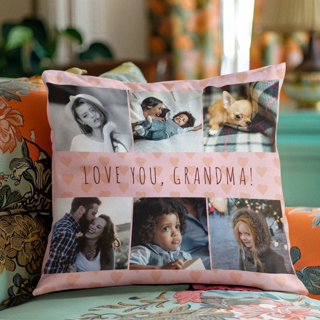 Love you grandma 6 photo collage retro pattern cushion (Creator Uploaded)