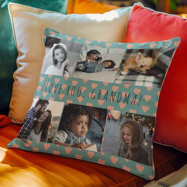 Love you grandma 6 photo collage retro pattern cushion (Creator Uploaded)