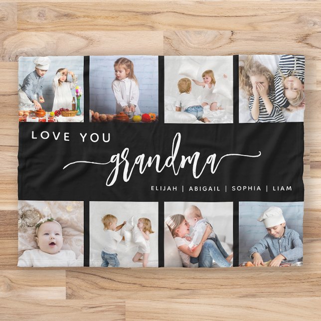 Love You Grandma 8 Photo Collage Black Fleece Blanket (Creator Uploaded)