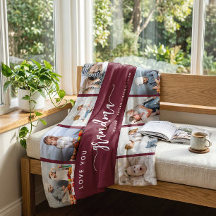 Love You Grandma 8 Photo Collage Burgundy Fleece Blanket