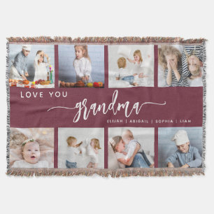 Love You Grandma 8 Photo Collage Burgundy Throw Blanket