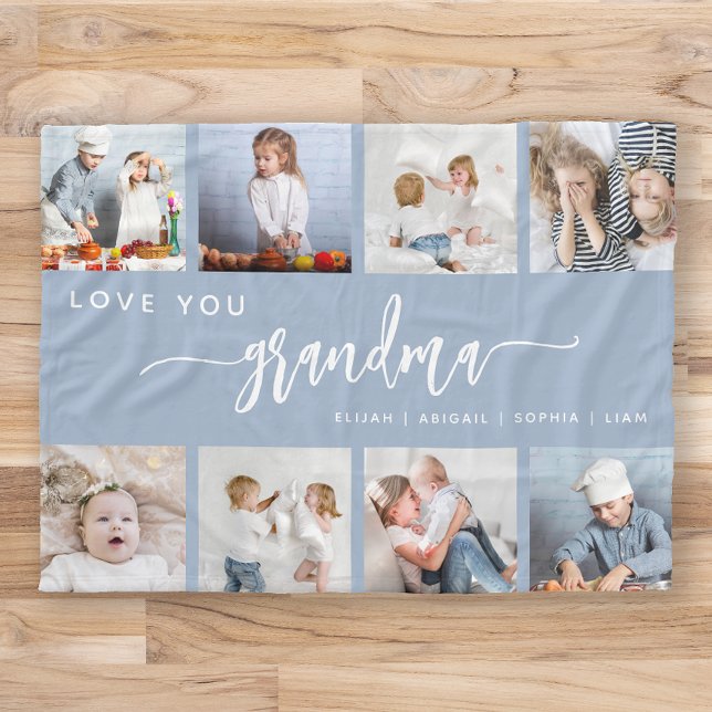 Love You Grandma 8 Photo Collage Dusty Blue Fleece Blanket (Creator Uploaded)