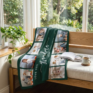 Love You Grandma 8 Photo Collage Emerald Green Fleece Blanket