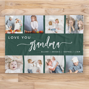 Love You Grandma 8 Photo Collage Emerald Green Fleece Blanket