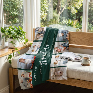 Love You Grandma 8 Photo Collage Emerald Green Fleece Blanket