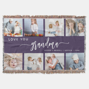 Love You Grandma 8 Photo Collage Purple Throw Blanket