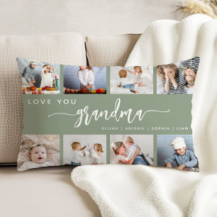 Love You Grandma 8 Photo Collage Sage Green Decorative Cushion