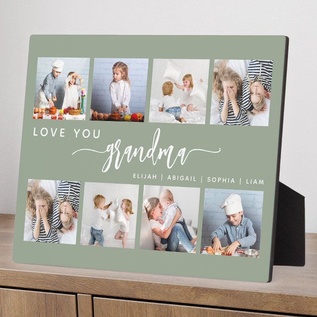 Love You Grandma 8 Photo Collage Sage Green Plaque (Creator Uploaded)